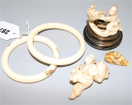 Two Japanese ivory bangles and other ivories